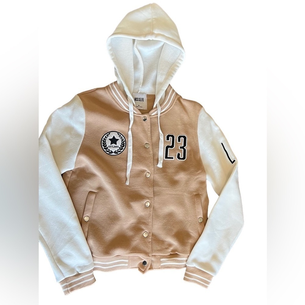 Miss Selfie Fleece Graphic Hooded Baseball Jacket Brown Size Medium